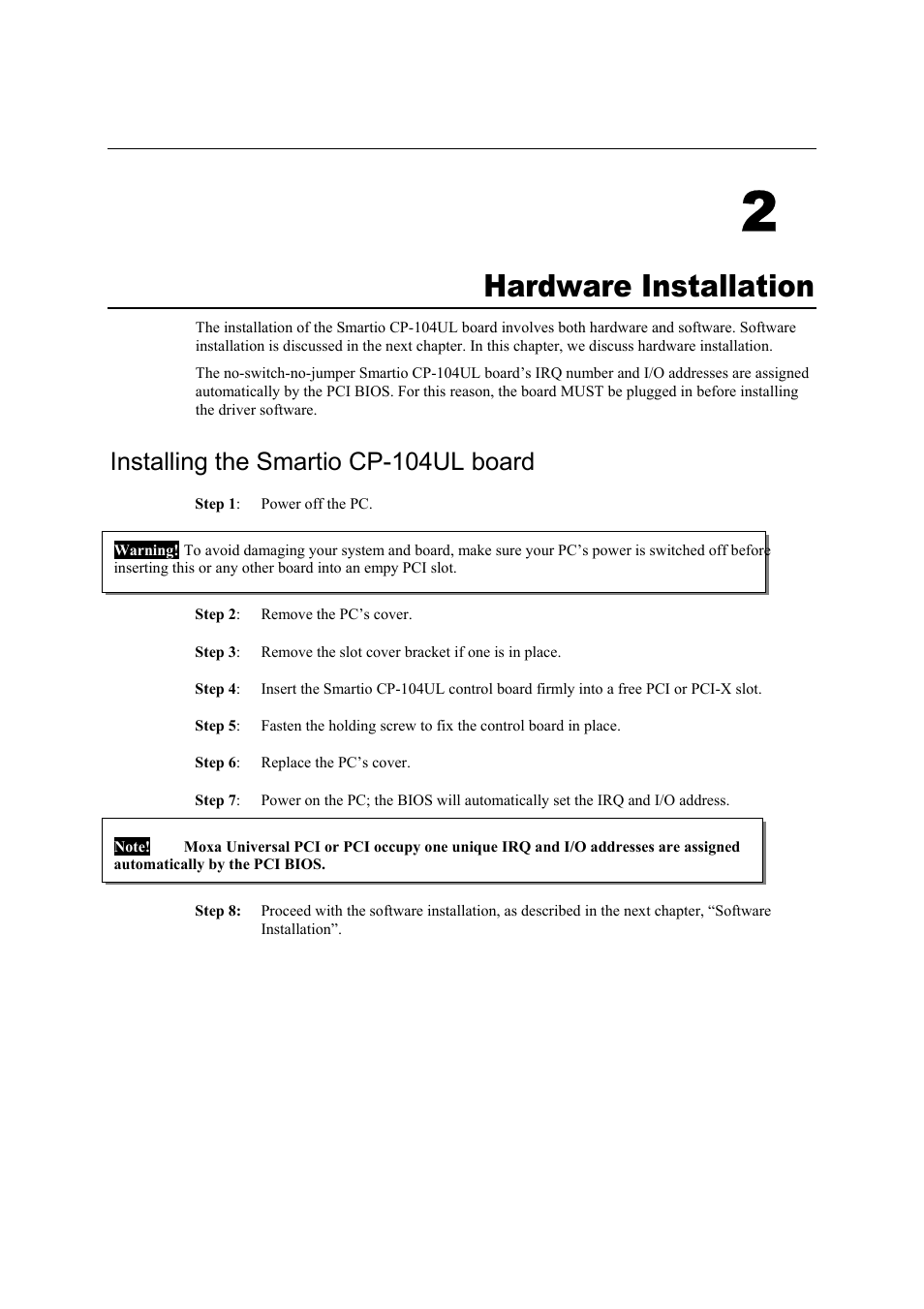 Hardware installation, Installing the smartio cp-104ul board, 2 hardware installation -1 | Installing the smartio cp-104ul board -1, 2hardware installation | Moxa Technologies CP-104UL User Manual | Page 13 / 69