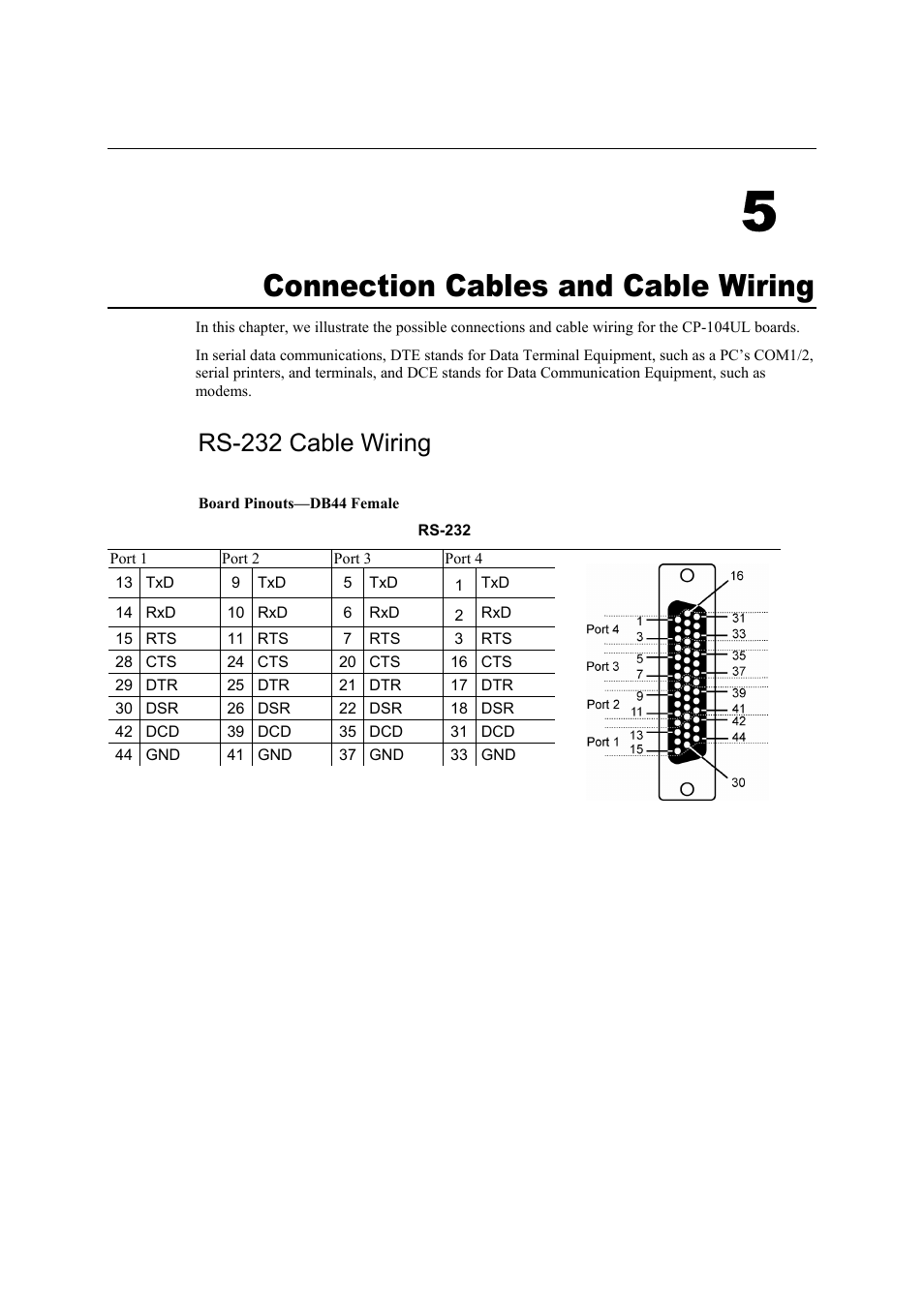 Connection cables and cable wiring, Rs-232 cable wiring, 5 connection cables and cable wiring -1 | Rs-232 cable wiring -1, 5connection cables and cable wiring | Moxa Technologies CP-104UL User Manual | Page 63 / 69