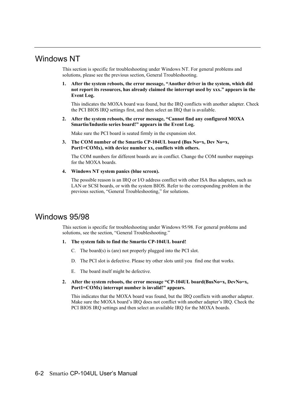 Windows nt, Windows 95/98, Windows nt -2 | Windows 95/98 -2 | Moxa Technologies CP-104UL User Manual | Page 66 / 69