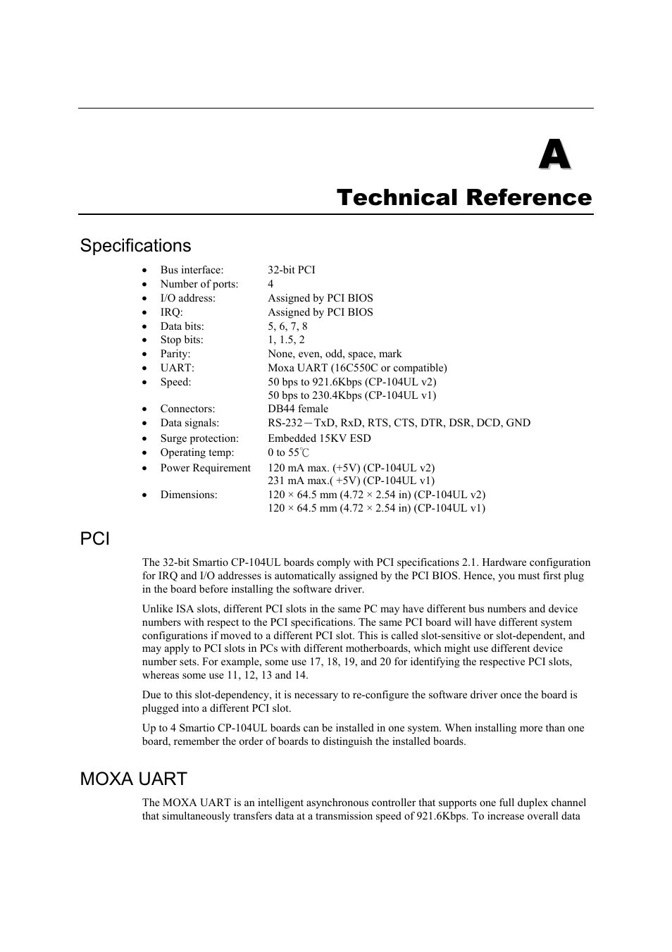 A. technical reference, Specifications, Moxa uart | Moxa Technologies CP-104UL User Manual | Page 67 / 69