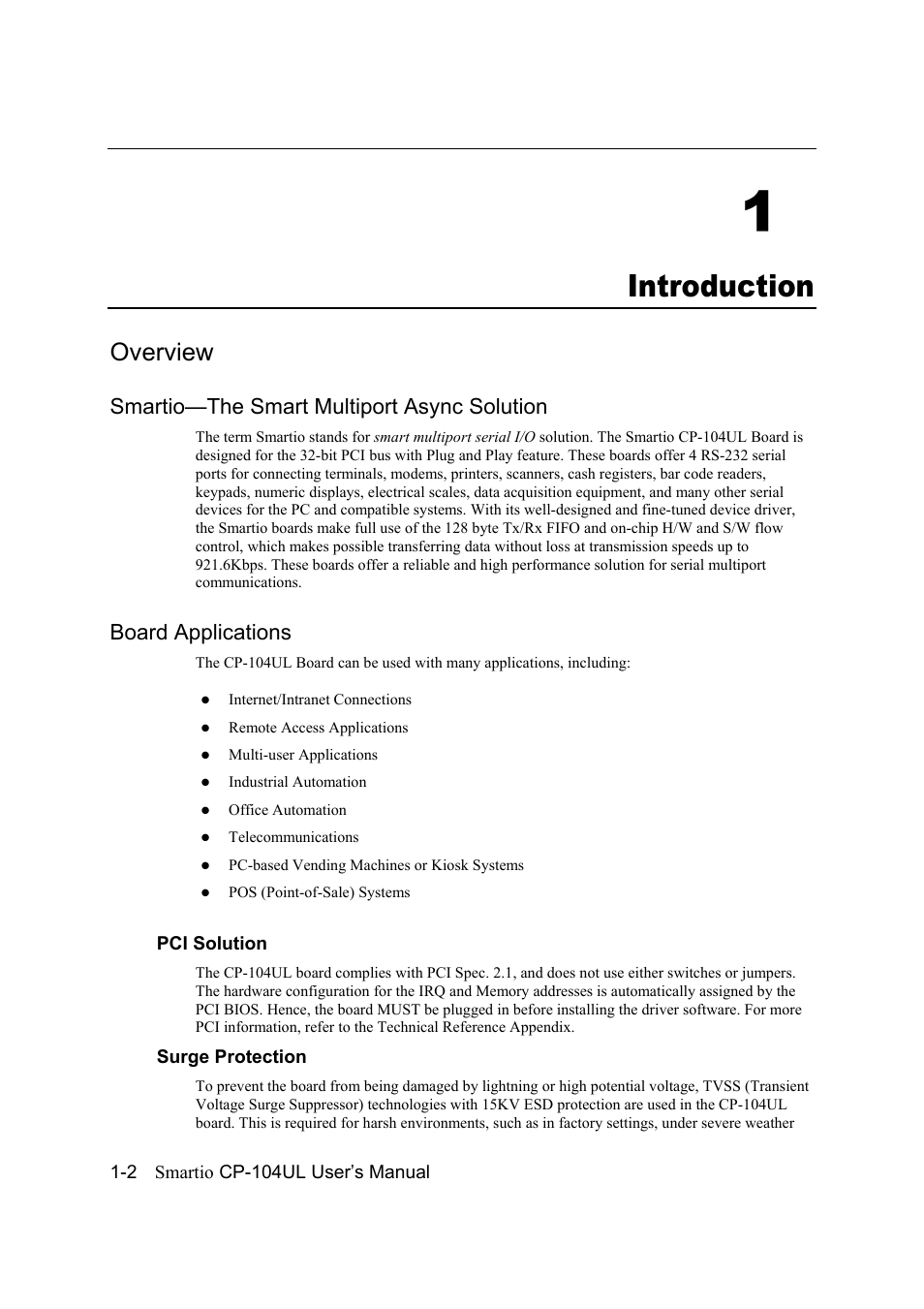 Introduction, Overview, Smartio--the smart multiport async solution | Board applications, 1 introduction -2, Overview -2, Smartio—the smart multiport async solution -2, Board applications -2, 1introduction, Smartio—the smart multiport async solution | Moxa Technologies CP-104UL User Manual | Page 8 / 69