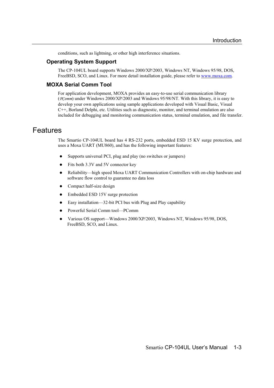 Features, Features -3, Operating system support | Moxa serial comm tool | Moxa Technologies CP-104UL User Manual | Page 9 / 69