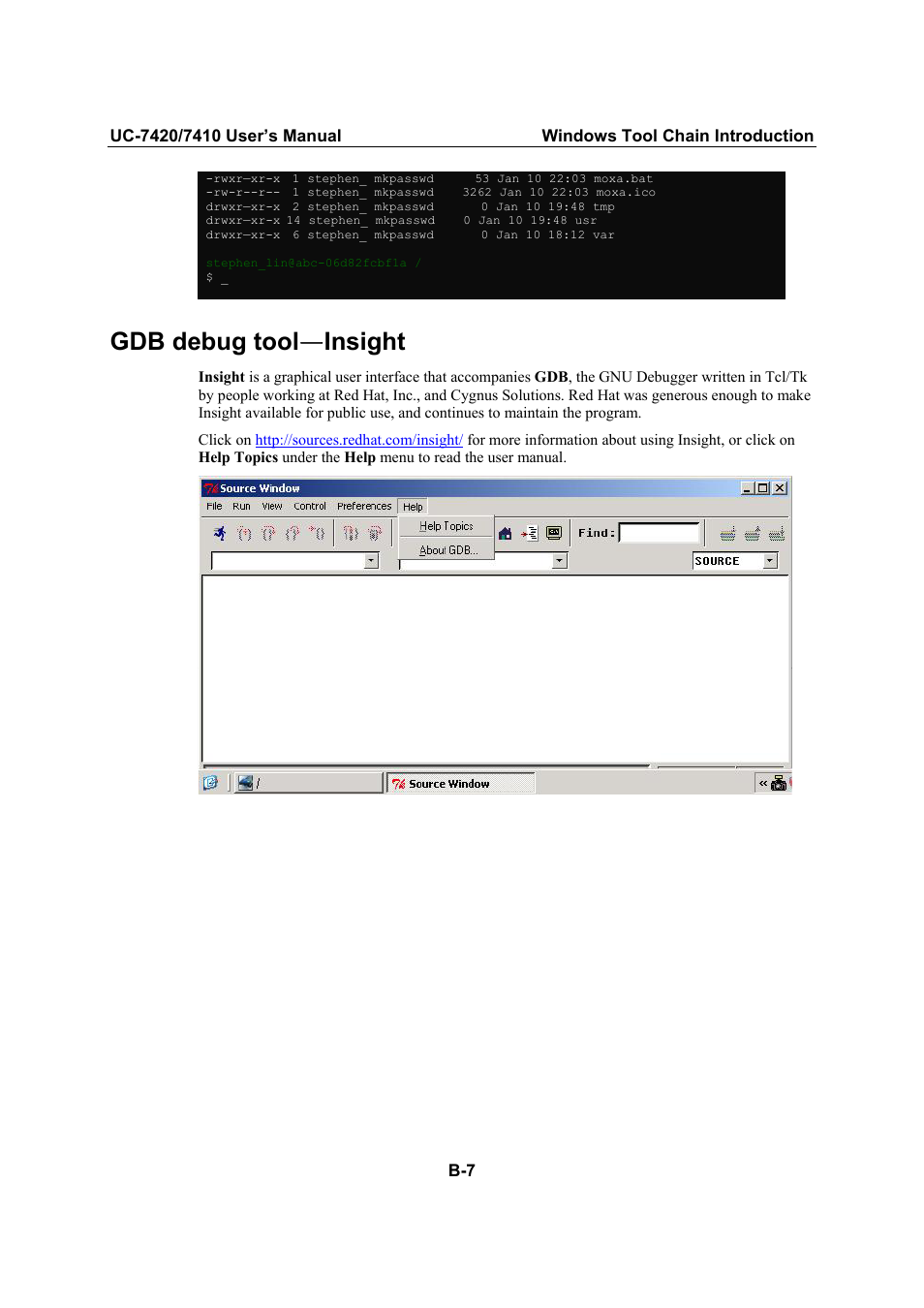 Gdb debug tool—insight, Gdb debug tool — insight | Moxa Technologies UC-7420/7410 User Manual | Page 101 / 106