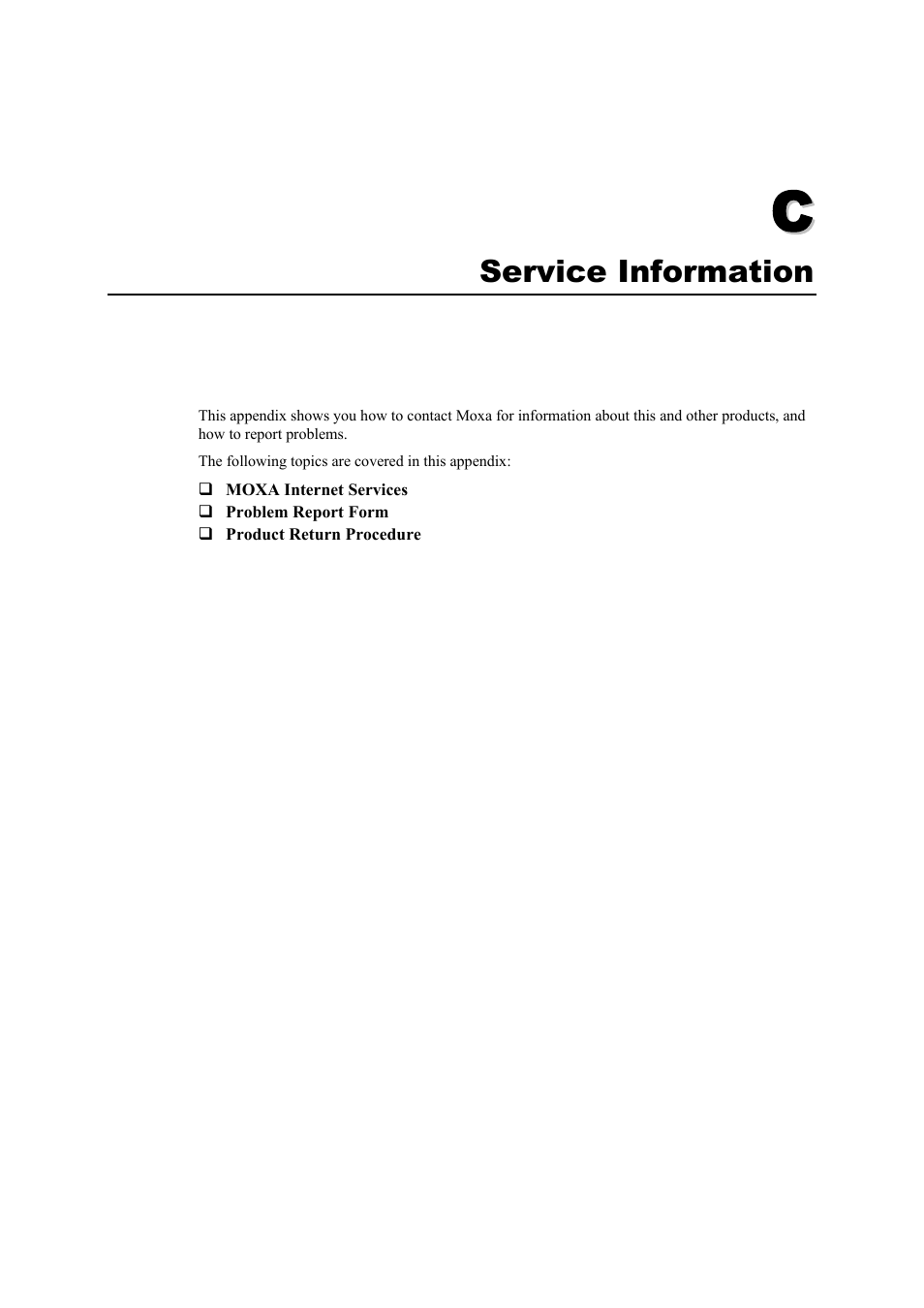 C. service information, Appendix c, Service information | Moxa Technologies UC-7420/7410 User Manual | Page 103 / 106