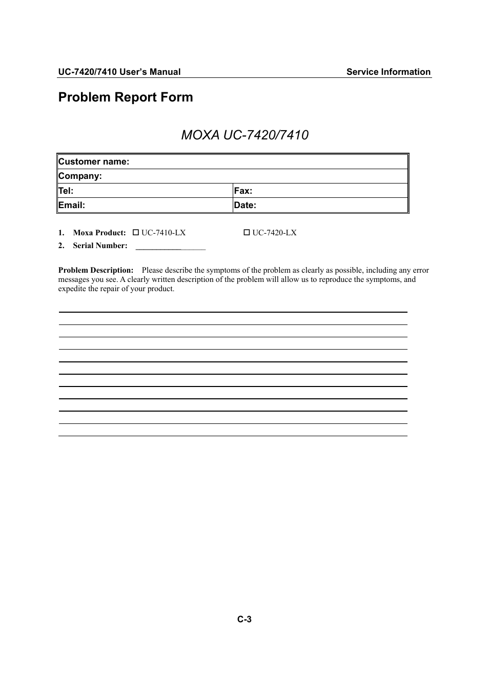 Problem report form | Moxa Technologies UC-7420/7410 User Manual | Page 105 / 106