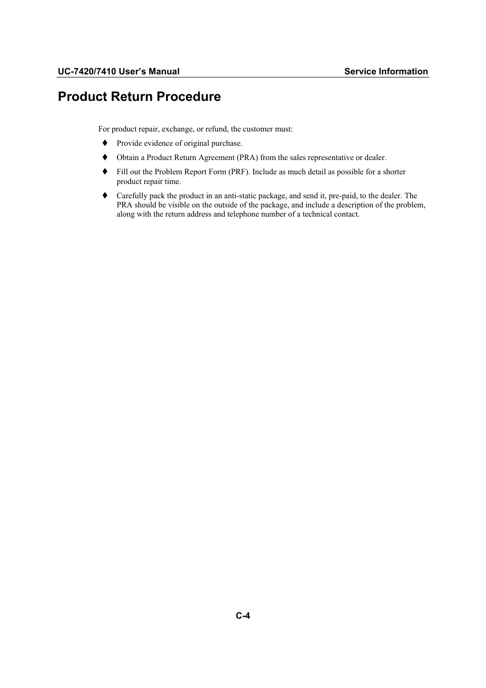 Product return procedure | Moxa Technologies UC-7420/7410 User Manual | Page 106 / 106