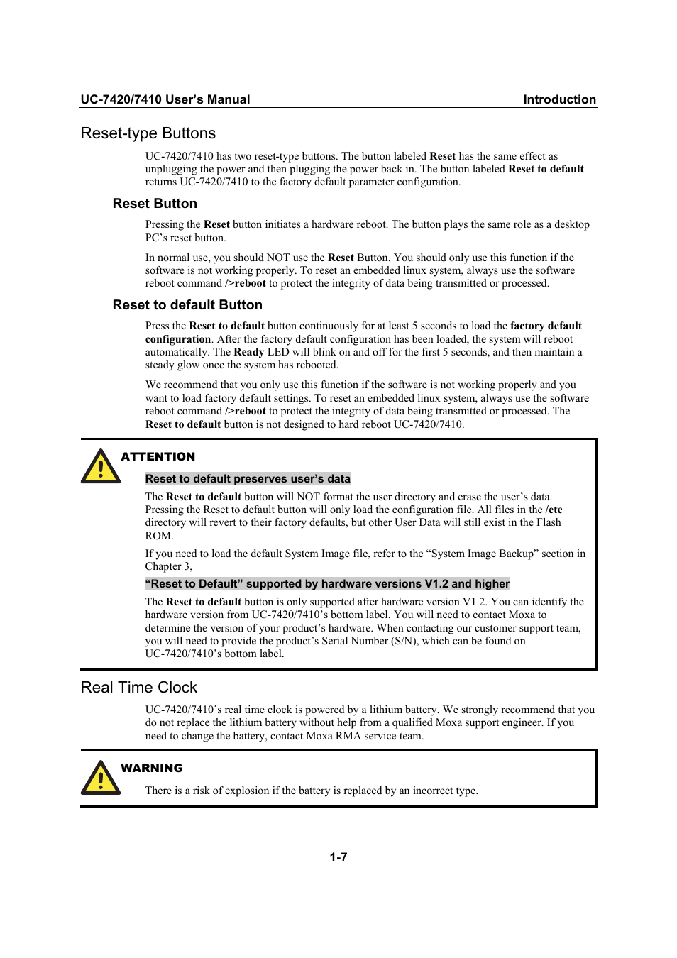 Reset-type buttons, Real time clock, Reset-type buttons -7 | Real time clock -7 | Moxa Technologies UC-7420/7410 User Manual | Page 12 / 106