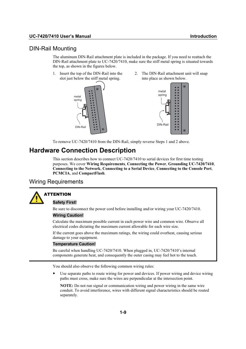 Din-rail mounting, Hardware connection description, Wiring requirements | Din-rail mounting -9, Hardware connection description -9, Wiring requirements -9 | Moxa Technologies UC-7420/7410 User Manual | Page 14 / 106