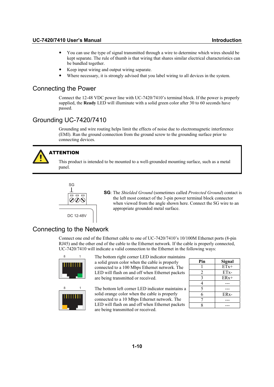 Connecting the power, Grounding uc-7420/7410, Connecting to the network | Connecting the power -10, Grounding uc-7420/7410 -10, Connecting to the network -10 | Moxa Technologies UC-7420/7410 User Manual | Page 15 / 106