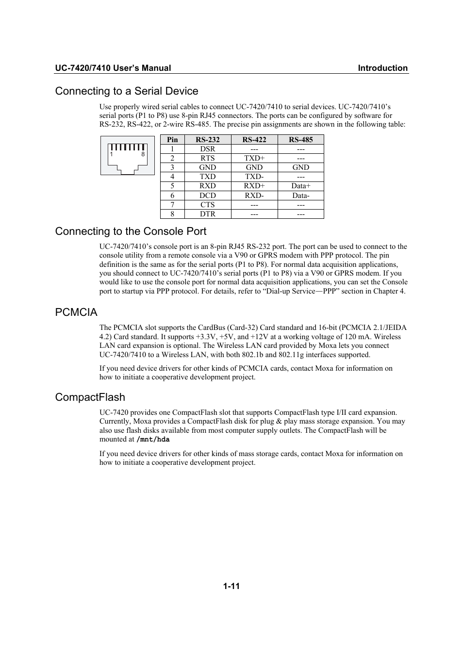 Connecting to a serial device, Connecting to the console port, Pcmcia | Compactflash, Connecting to a serial device -11, Connecting to the console port -11, Pcmcia -11, Compactflash -11 | Moxa Technologies UC-7420/7410 User Manual | Page 16 / 106