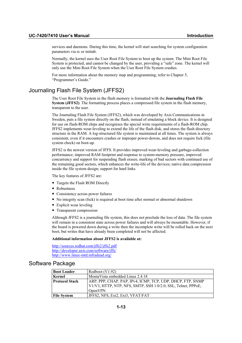 Journaling flash file system (jffs2), Software package, Journaling flash file system (jffs2) -13 | Software package -13 | Moxa Technologies UC-7420/7410 User Manual | Page 18 / 106