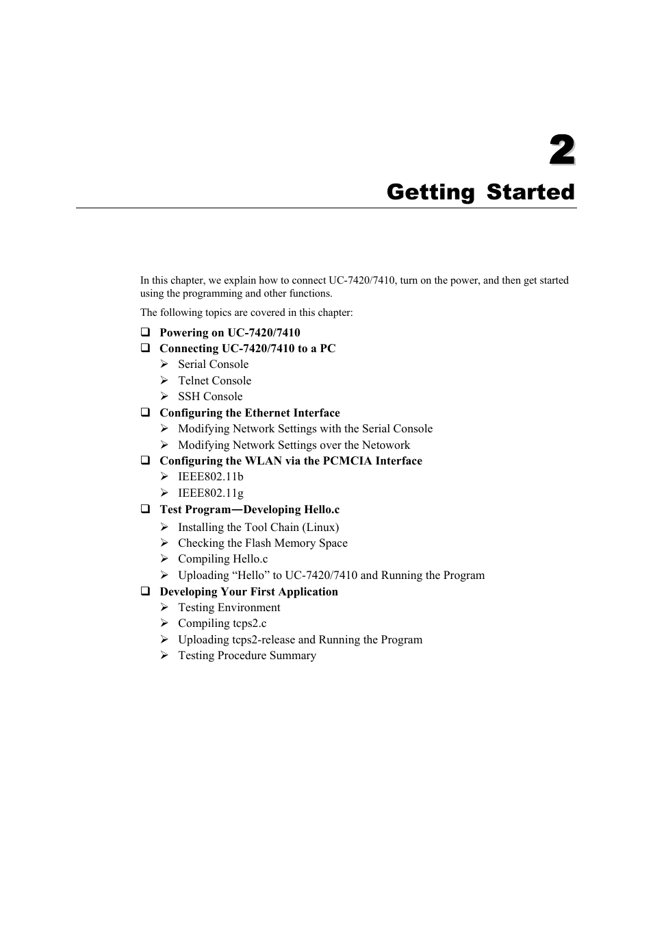 Getting started, Chapter 2, Getting started -1 | Moxa Technologies UC-7420/7410 User Manual | Page 21 / 106