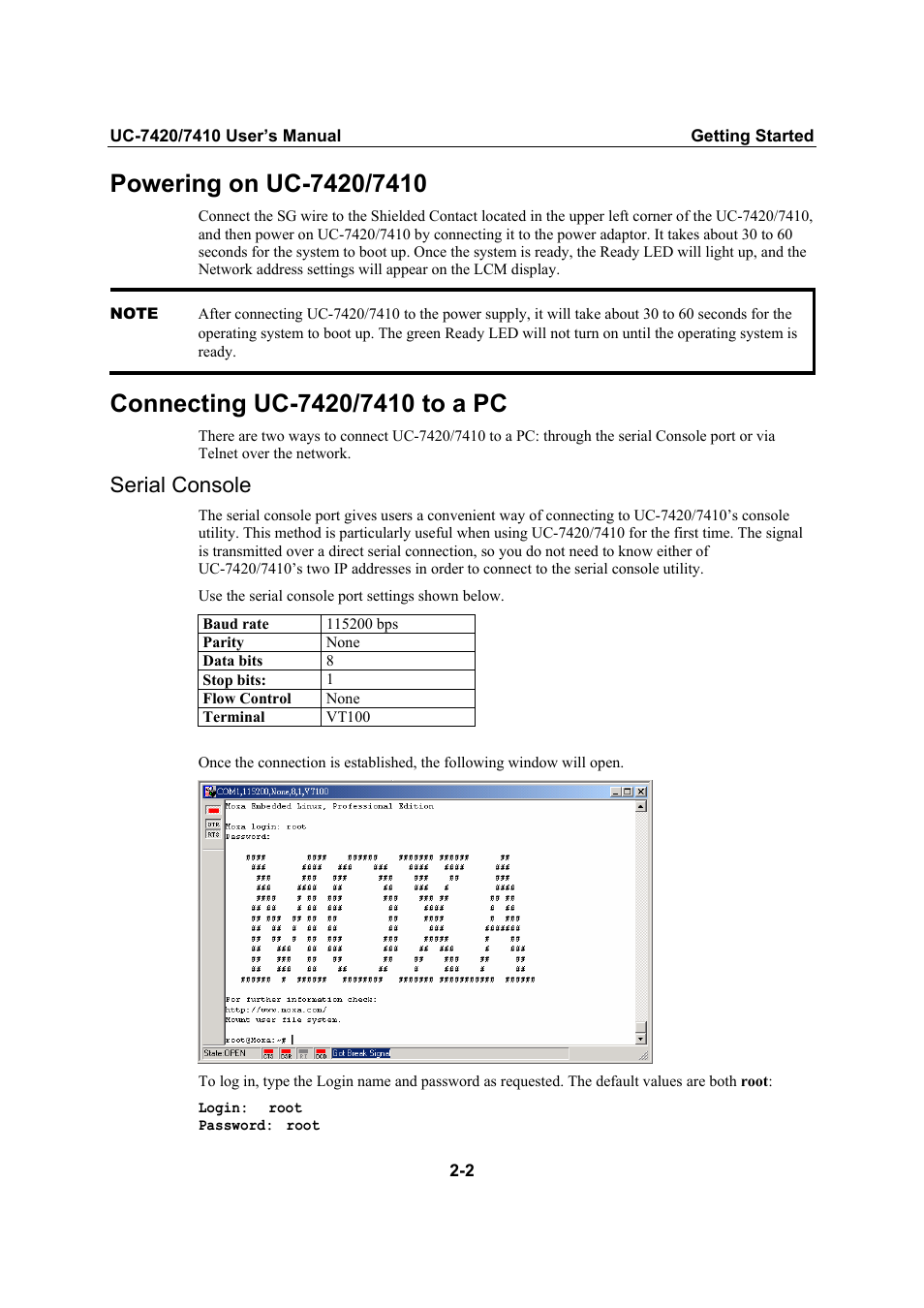 Powering on uc-7420/7410, Connecting uc-7420/7410 to a pc, Serial console | Powering on uc-7420/7410 -2, Connecting uc-7420/7410 to a pc -2, Serial console -2 | Moxa Technologies UC-7420/7410 User Manual | Page 22 / 106