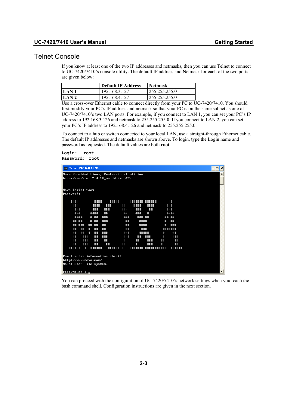 Telnet console, Telnet console -3 | Moxa Technologies UC-7420/7410 User Manual | Page 23 / 106