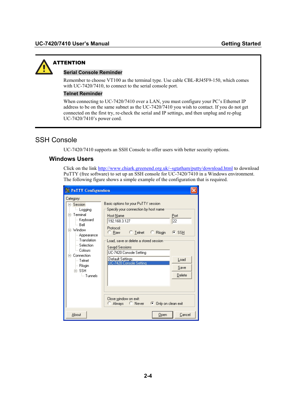 Ssh console, Ssh console -4 | Moxa Technologies UC-7420/7410 User Manual | Page 24 / 106