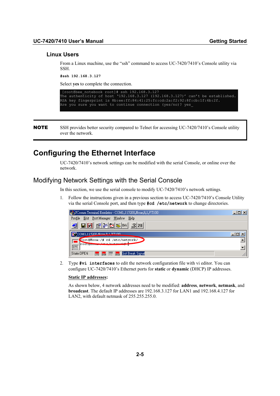 Configuring the ethernet interface, Modifying network settings with the serial console, Configuring the ethernet interface -5 | Moxa Technologies UC-7420/7410 User Manual | Page 25 / 106