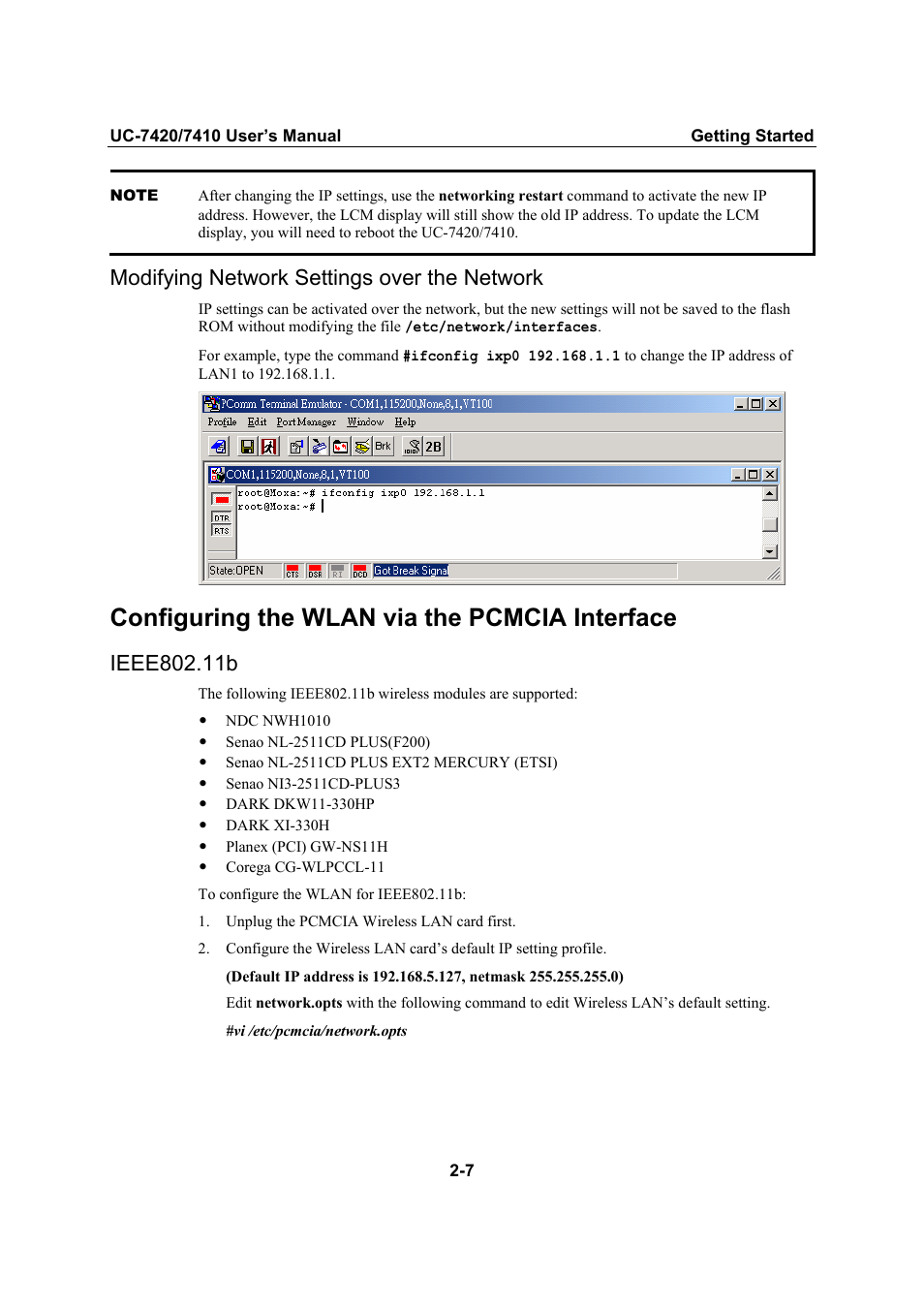 Modifying network settings over the network, Configuring the wlan via the pcmcia interface, Ieee802.11b | Modifying network settings over the network -7, Configuring the wlan via the pcmcia interface -7, Ieee802.11b -7 | Moxa Technologies UC-7420/7410 User Manual | Page 27 / 106