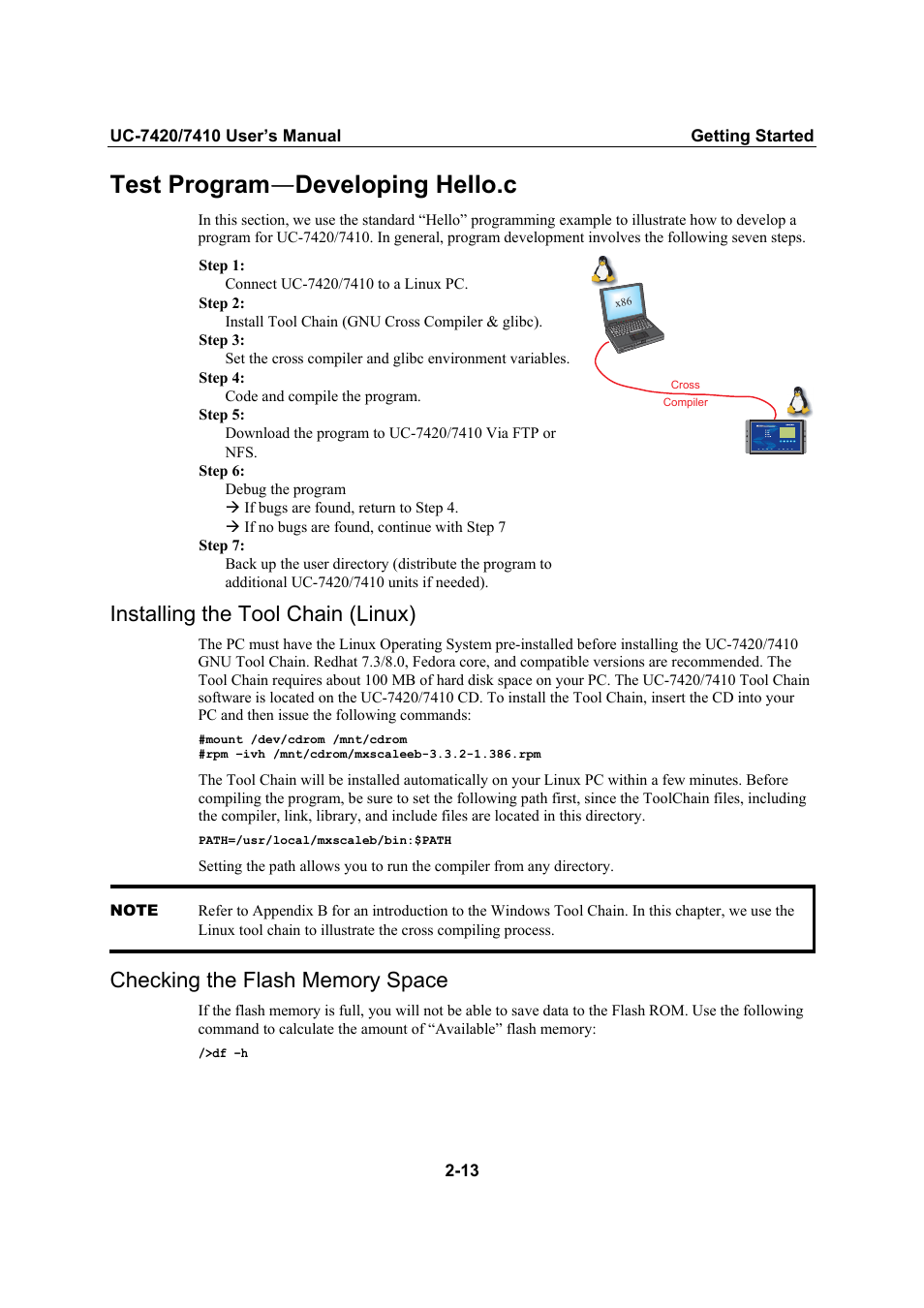 Test program—developing hello.c, Installing the tool chain (linux), Checking the flash memory space | Test program—developing hello.c -13, Installing the tool chain (linux) -13, Checking the flash memory space -13, Test program — developing hello.c | Moxa Technologies UC-7420/7410 User Manual | Page 33 / 106