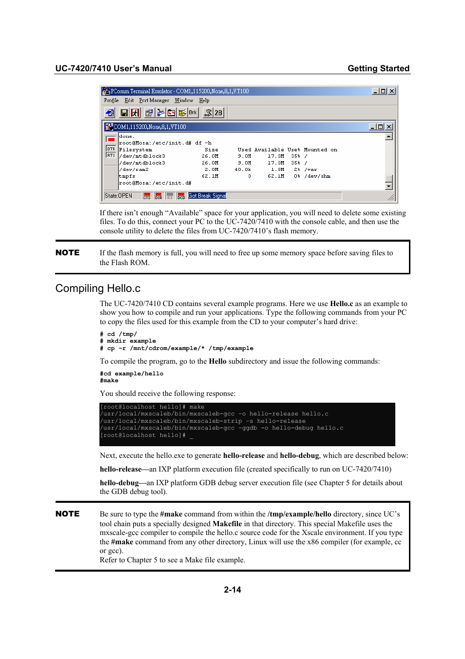 Compiling hello.c, Compiling hello.c -14 | Moxa Technologies UC-7420/7410 User Manual | Page 34 / 106