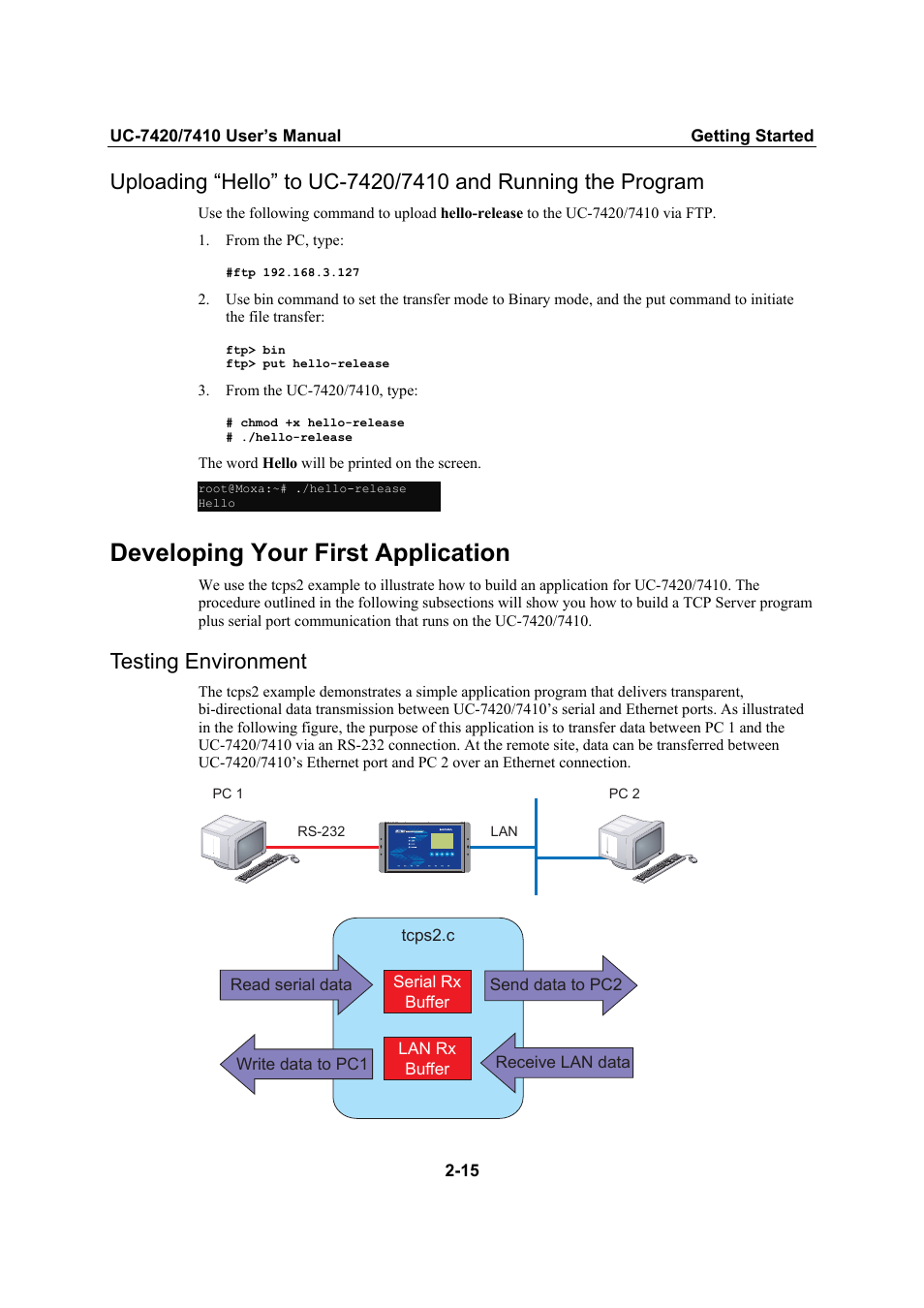 Developing your first application, Testing environment, Developing your first application -15 | Testing environment -15 | Moxa Technologies UC-7420/7410 User Manual | Page 35 / 106