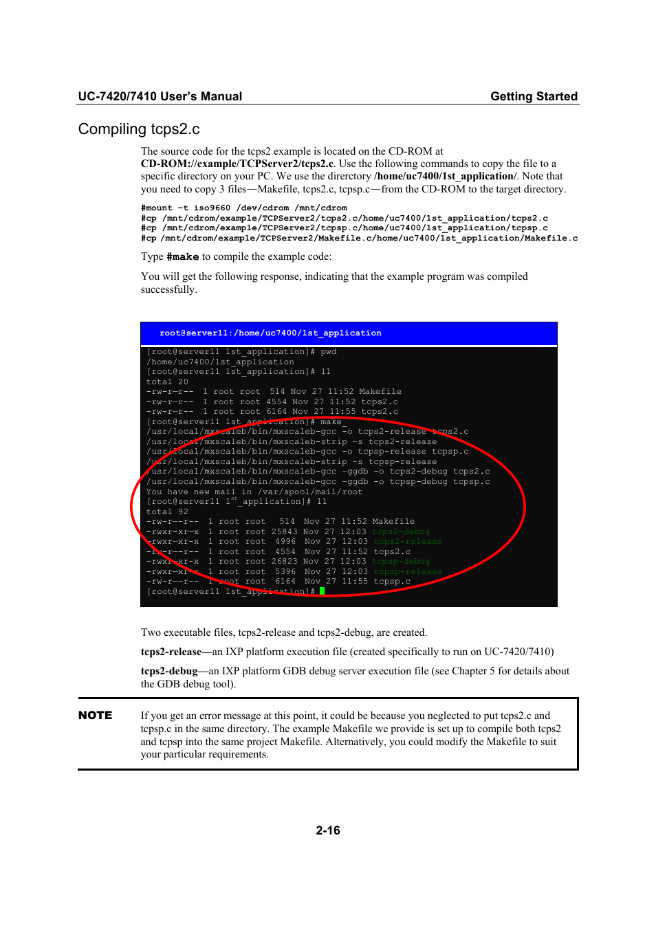 Compiling tcps2.c, Compiling tcps2.c -16 | Moxa Technologies UC-7420/7410 User Manual | Page 36 / 106