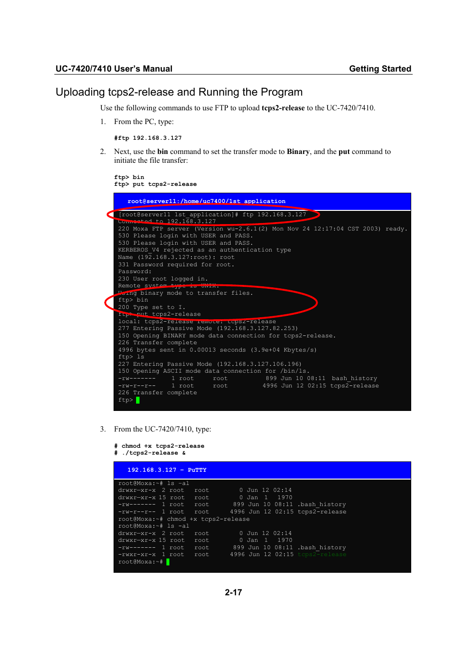 Uploading tcps2-release and running the program | Moxa Technologies UC-7420/7410 User Manual | Page 37 / 106