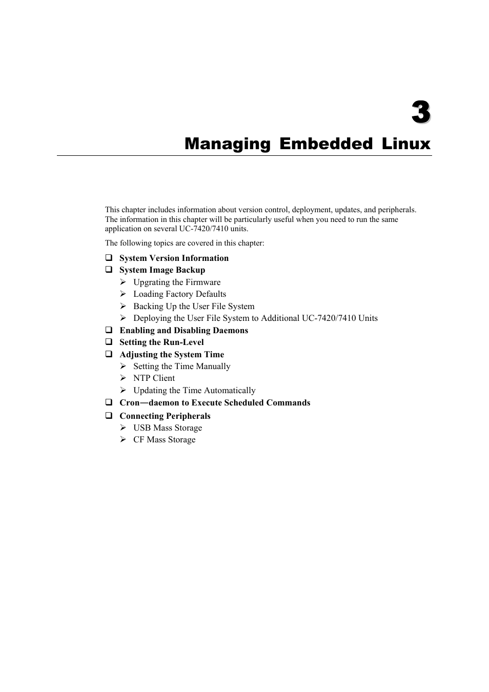 Managing embedded linux, Chapter 3, Managing embedded linux -1 | Moxa Technologies UC-7420/7410 User Manual | Page 41 / 106