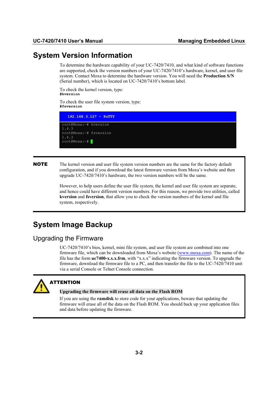 System version information, System image backup, Upgrading the firmware | System version information -2, Upgrading the firmware -2 | Moxa Technologies UC-7420/7410 User Manual | Page 42 / 106