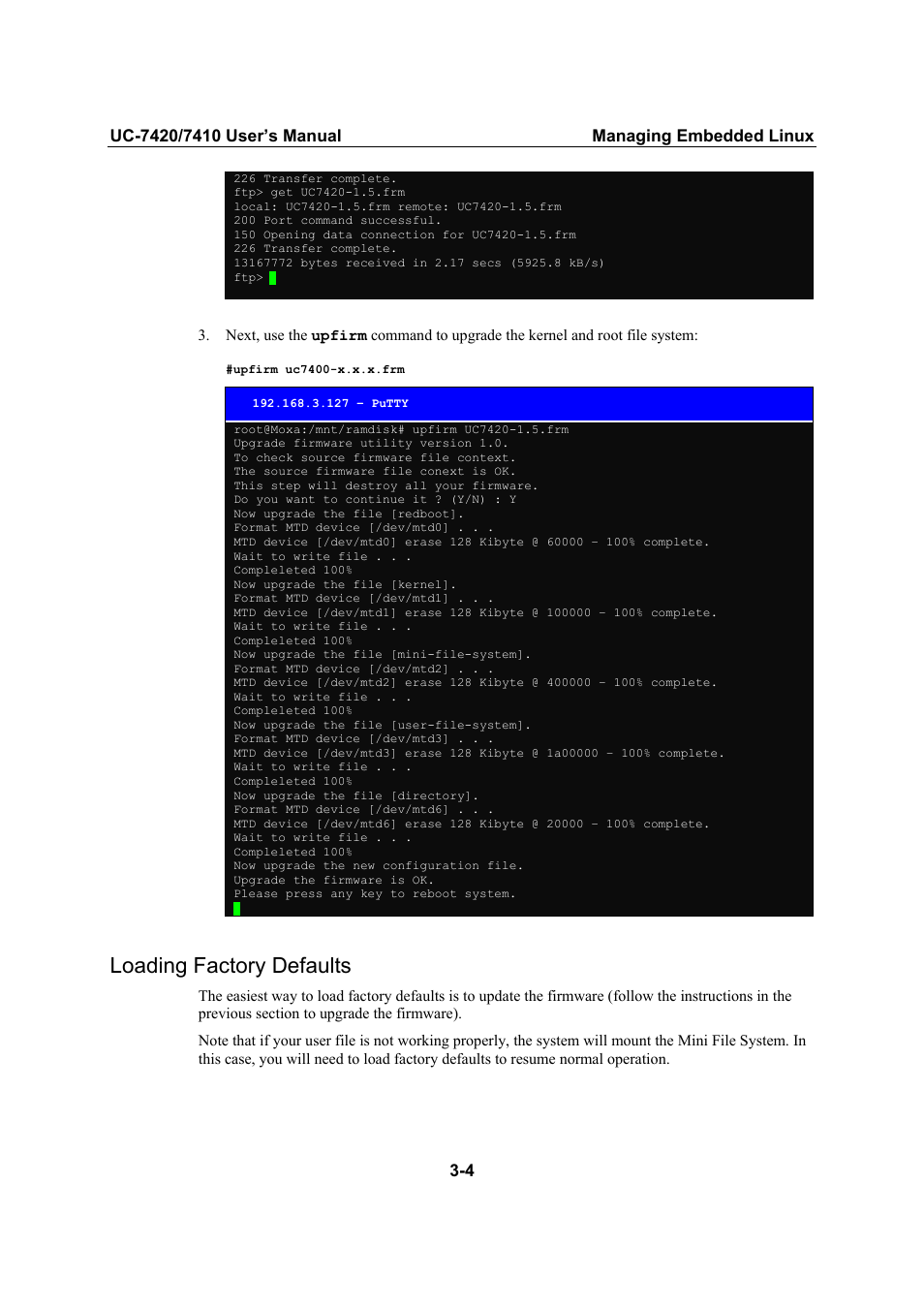 Loading factory defaults -4, Loading factory defaults | Moxa Technologies UC-7420/7410 User Manual | Page 44 / 106