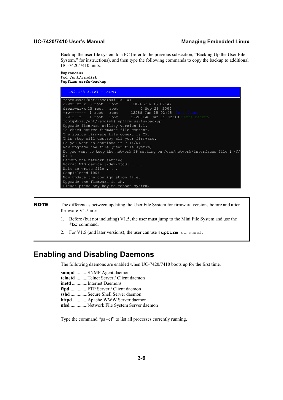 Enabling and disabling daemons, Enabling and disabling daemons -6 | Moxa Technologies UC-7420/7410 User Manual | Page 46 / 106