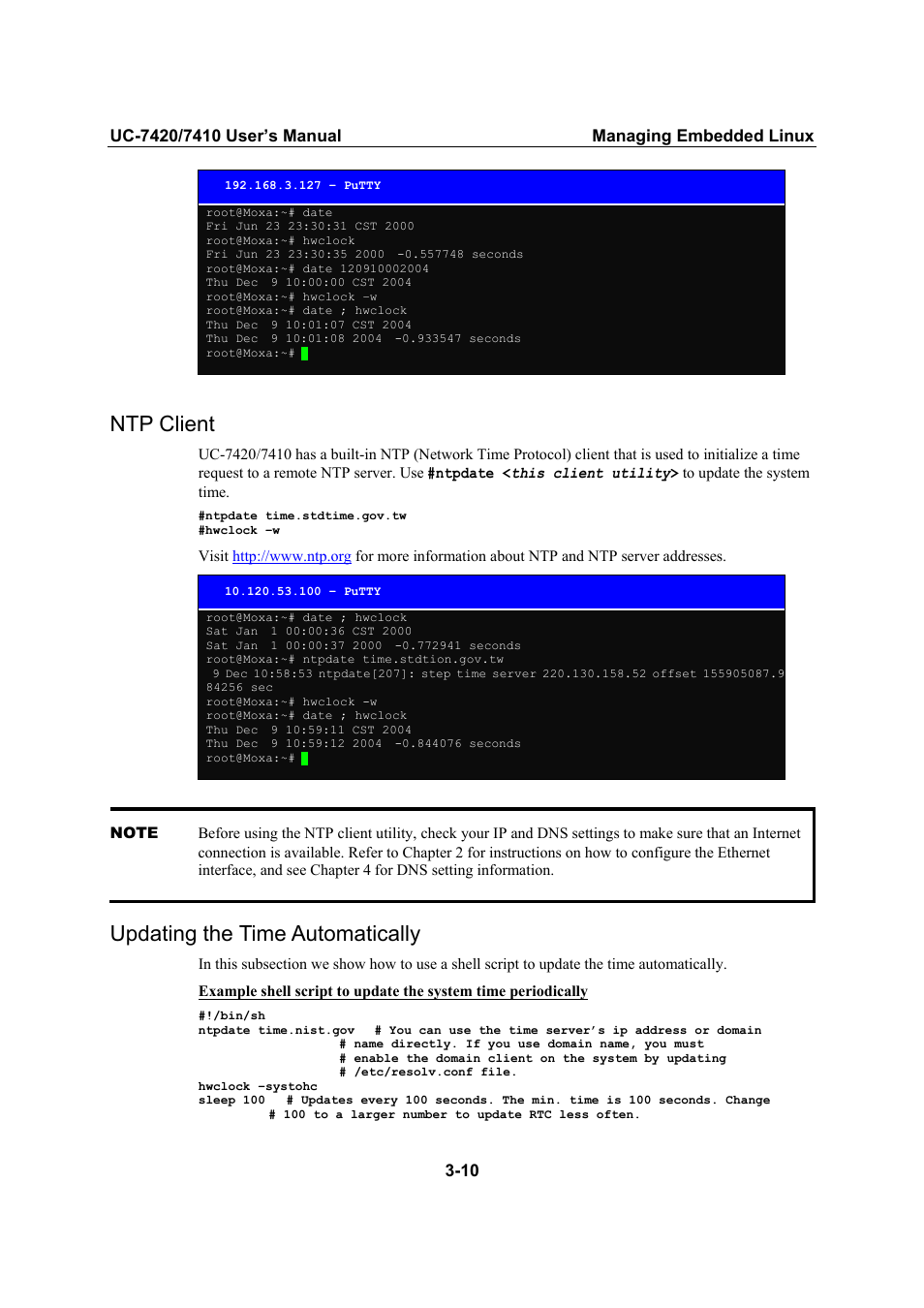 Ntp client, Updating the time automatically, Ntp client -10 | Updating the time automatically -10 | Moxa Technologies UC-7420/7410 User Manual | Page 50 / 106