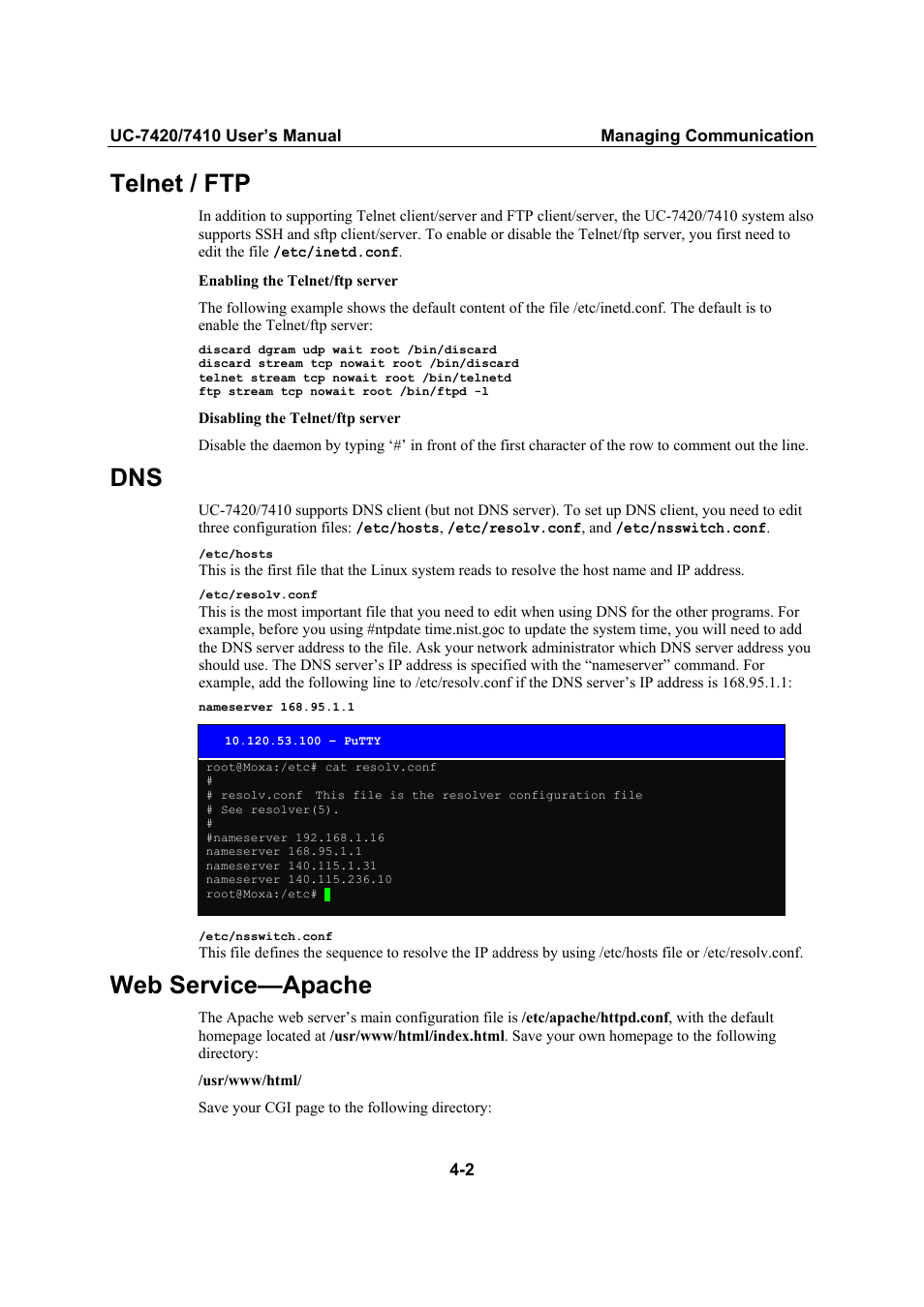 Telnet / ftp, Web service—apache, Web service—apache -2 | Moxa Technologies UC-7420/7410 User Manual | Page 54 / 106