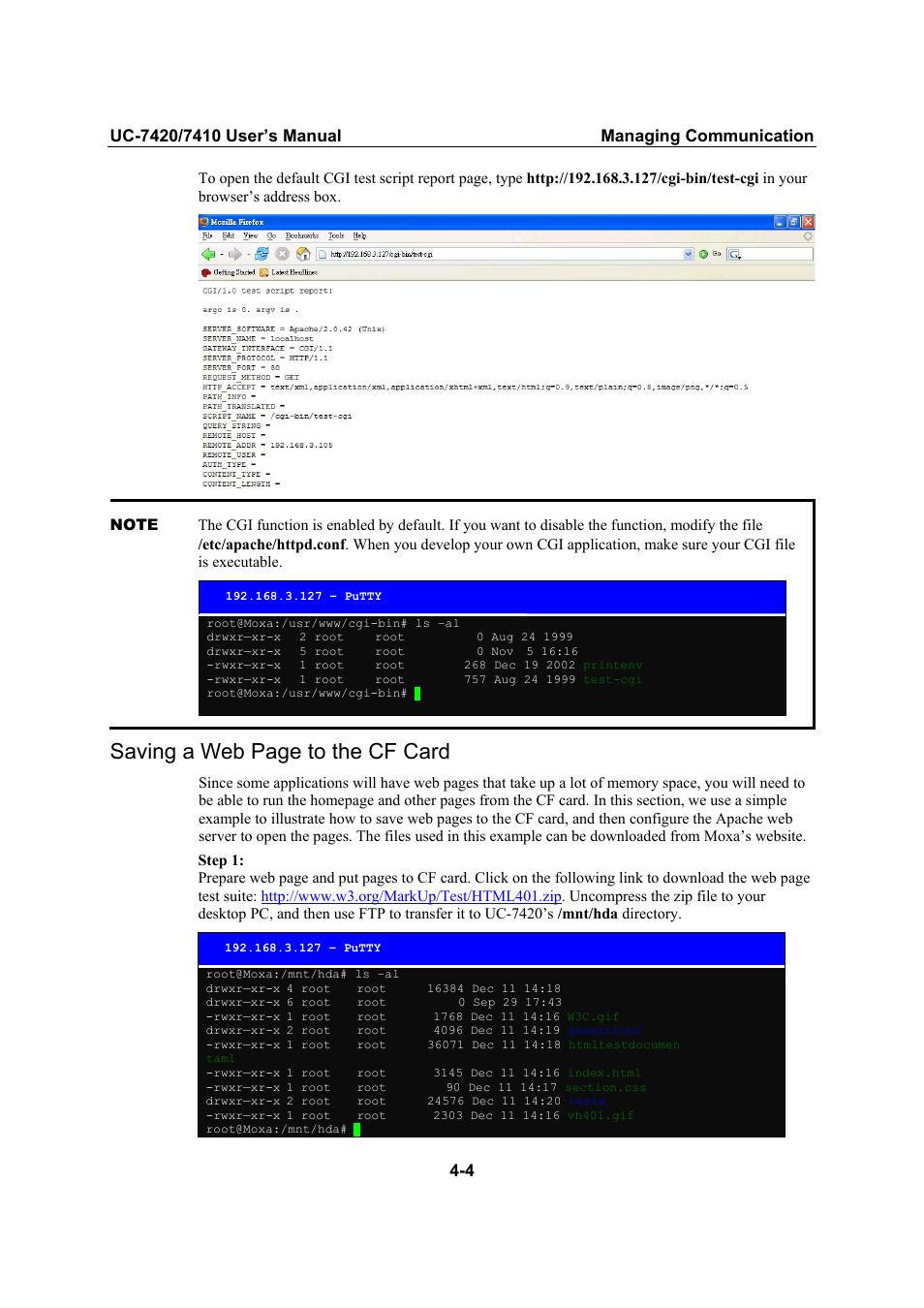 Saving a web page to the cf card | Moxa Technologies UC-7420/7410 User Manual | Page 56 / 106