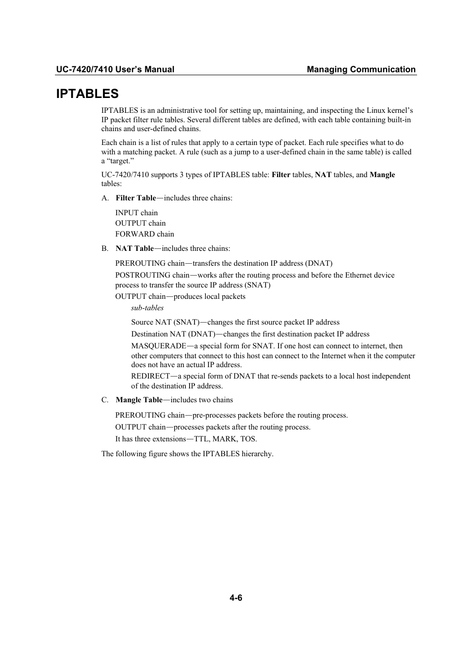 Iptables | Moxa Technologies UC-7420/7410 User Manual | Page 58 / 106