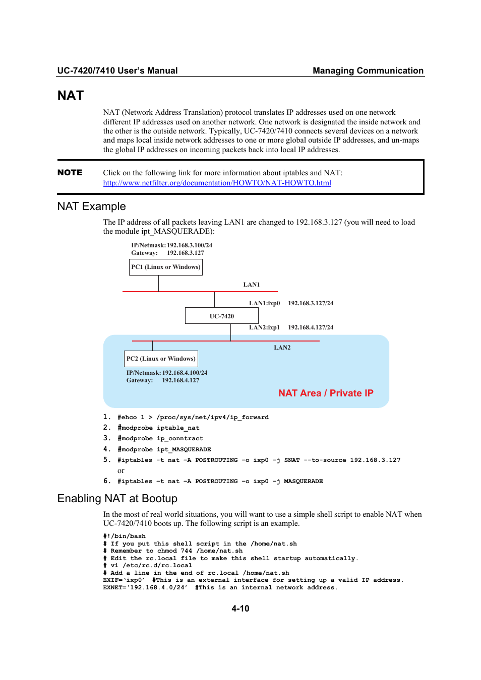 Nat example, Enabling nat at bootup, Nat example -10 | Enabling nat at bootup -10, Nat area / private ip | Moxa Technologies UC-7420/7410 User Manual | Page 62 / 106