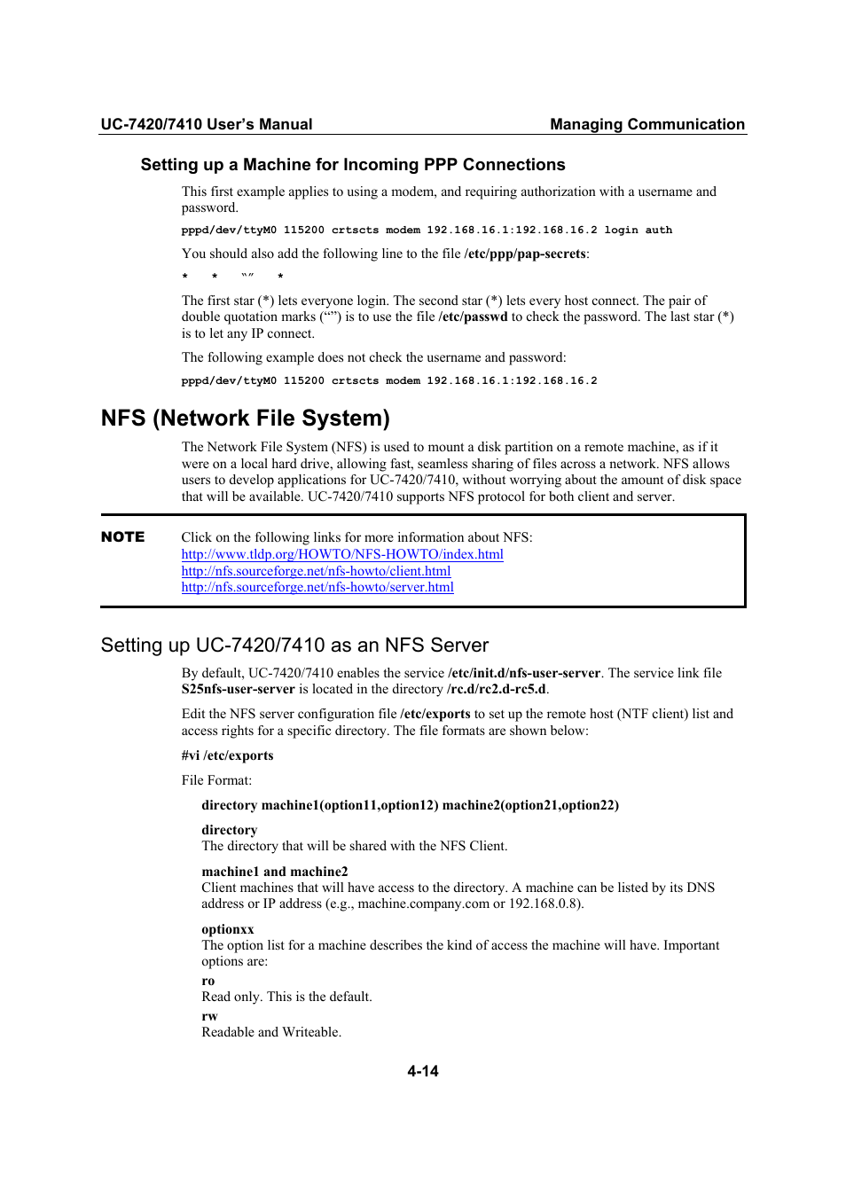 Nfs (network file system), Setting up uc-7420/7410 as an nfs server, Nfs (network file system) -14 | Setting up uc-7420/7410 as an nfs server -14 | Moxa Technologies UC-7420/7410 User Manual | Page 66 / 106