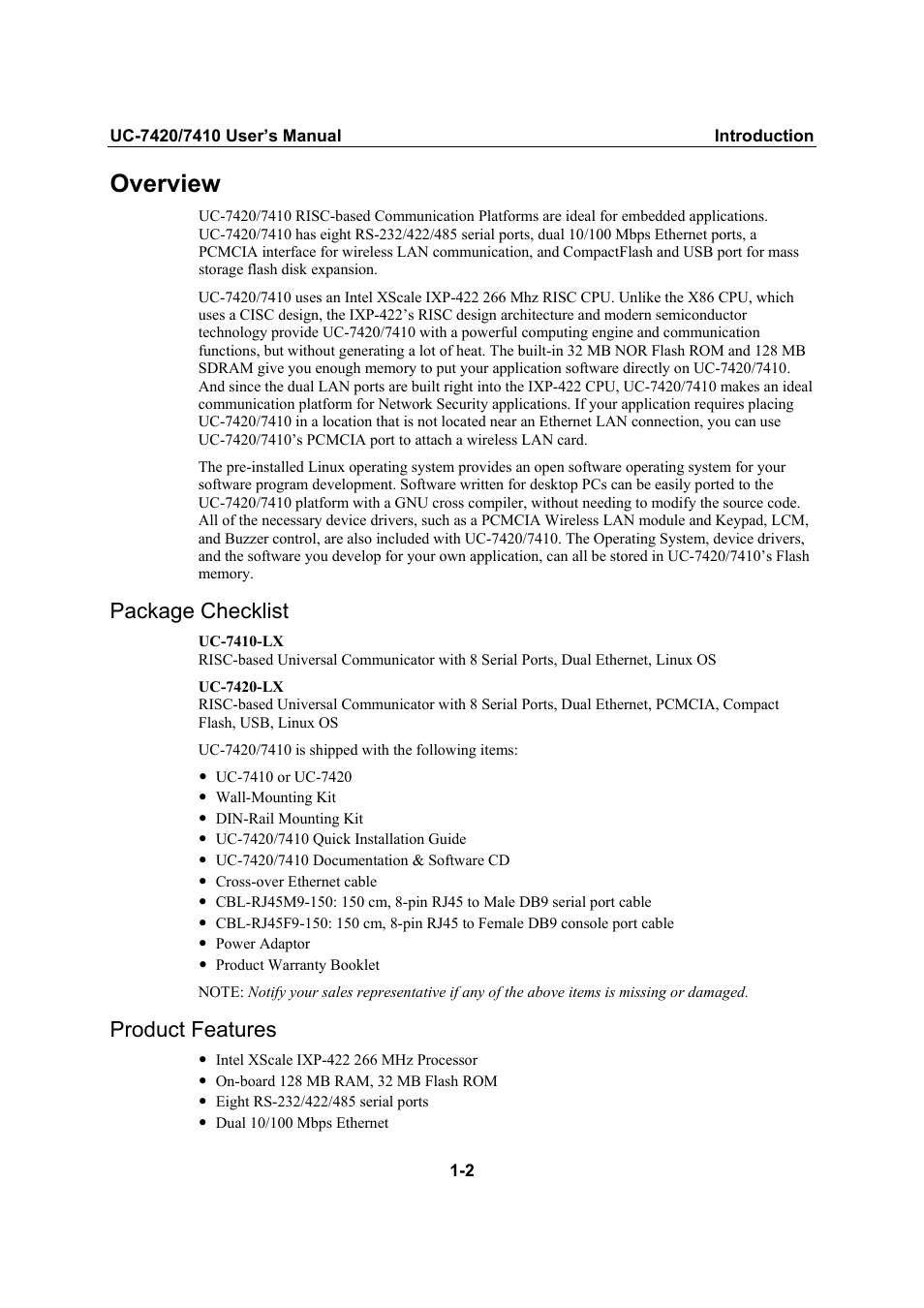 Overview, Package checklist, Product features | Package checklist -2, Product features -2 | Moxa Technologies UC-7420/7410 User Manual | Page 7 / 106