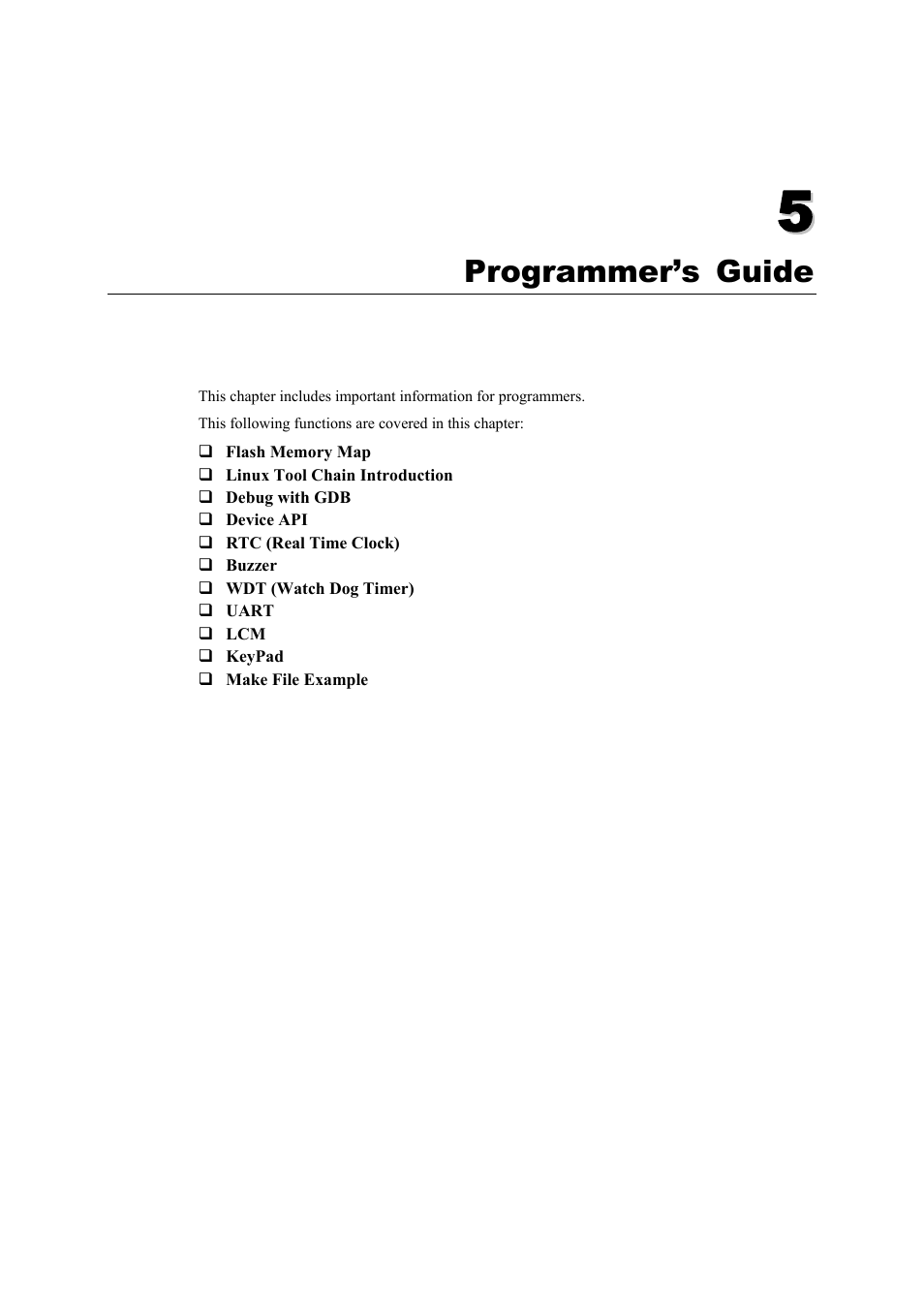 Programmer’s guide, Chapter 5, Programmer’s guide -1 | Moxa Technologies UC-7420/7410 User Manual | Page 77 / 106