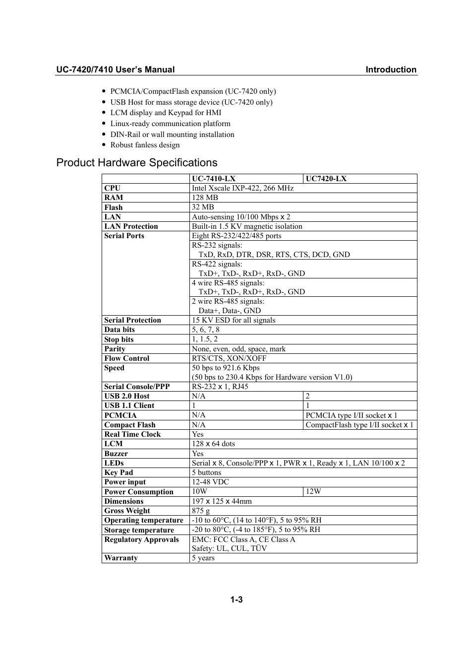 Product hardware specifications, Product hardware specifications -3 | Moxa Technologies UC-7420/7410 User Manual | Page 8 / 106