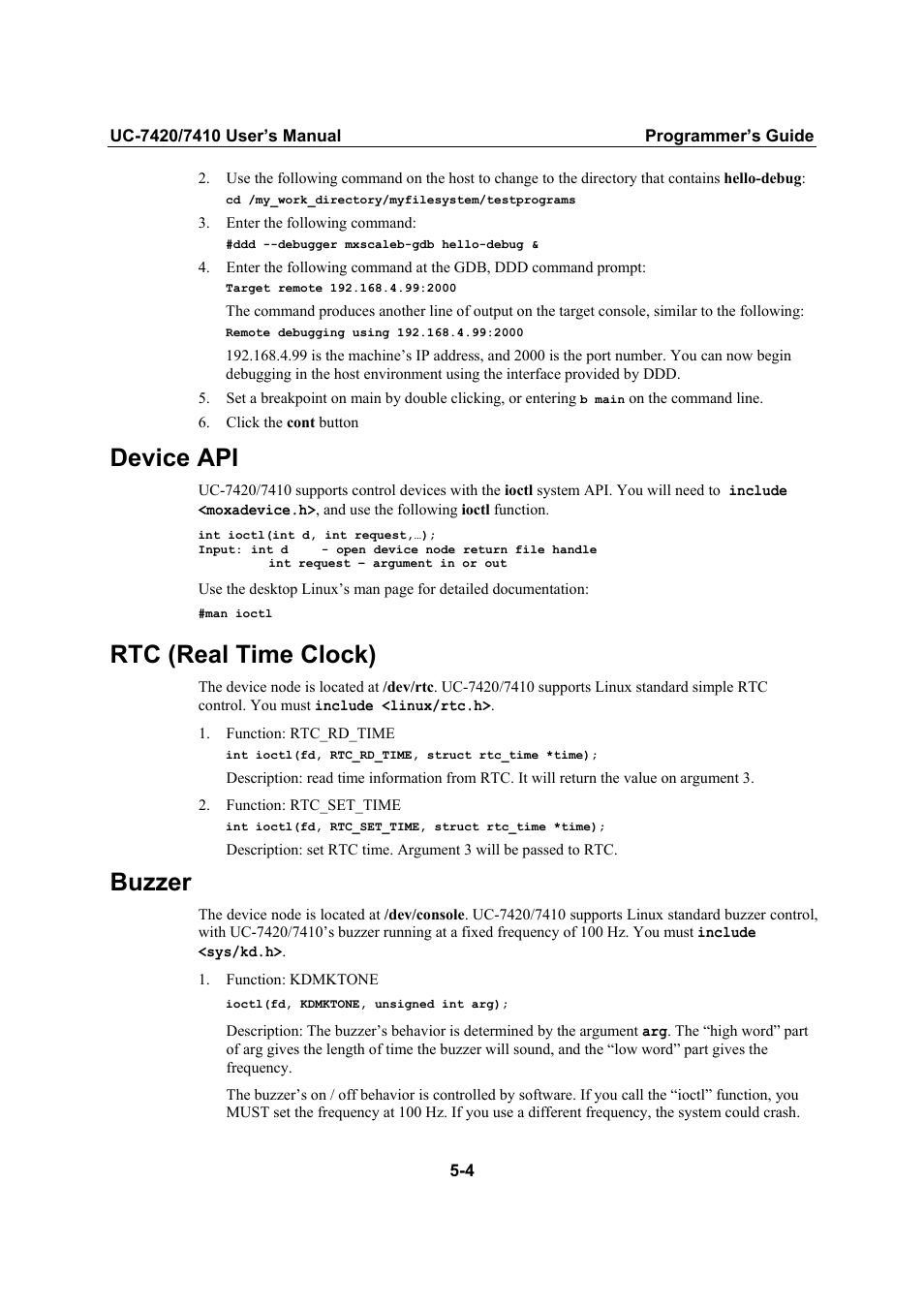 Device api, Rtc (real time clock), Buzzer | Moxa Technologies UC-7420/7410 User Manual | Page 80 / 106