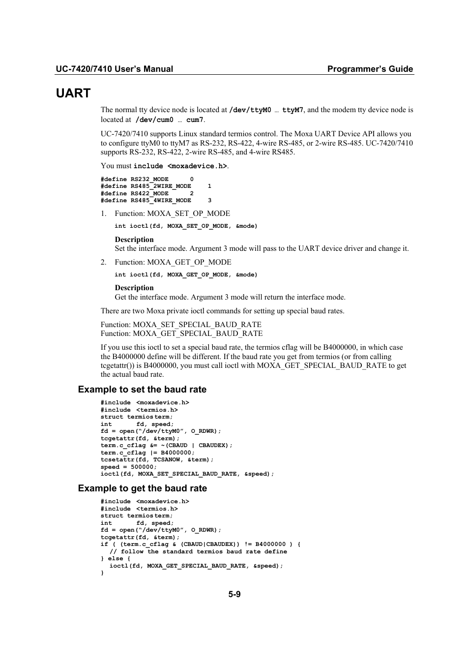 Uart, Example to set the baud rate, Example to get the baud rate | Moxa Technologies UC-7420/7410 User Manual | Page 85 / 106