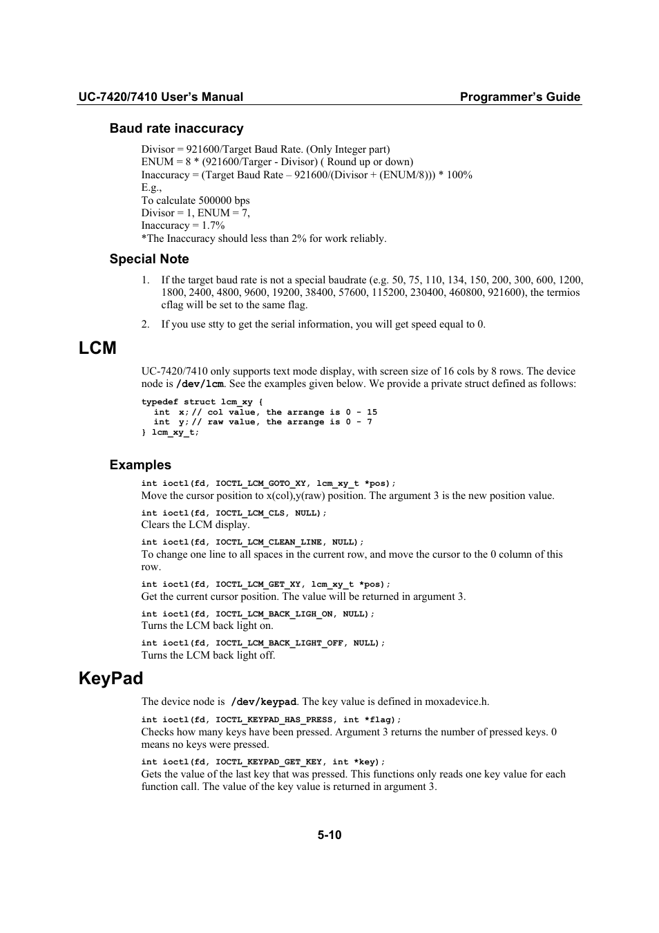 Keypad, Baud rate inaccuracy, Examples | Moxa Technologies UC-7420/7410 User Manual | Page 86 / 106