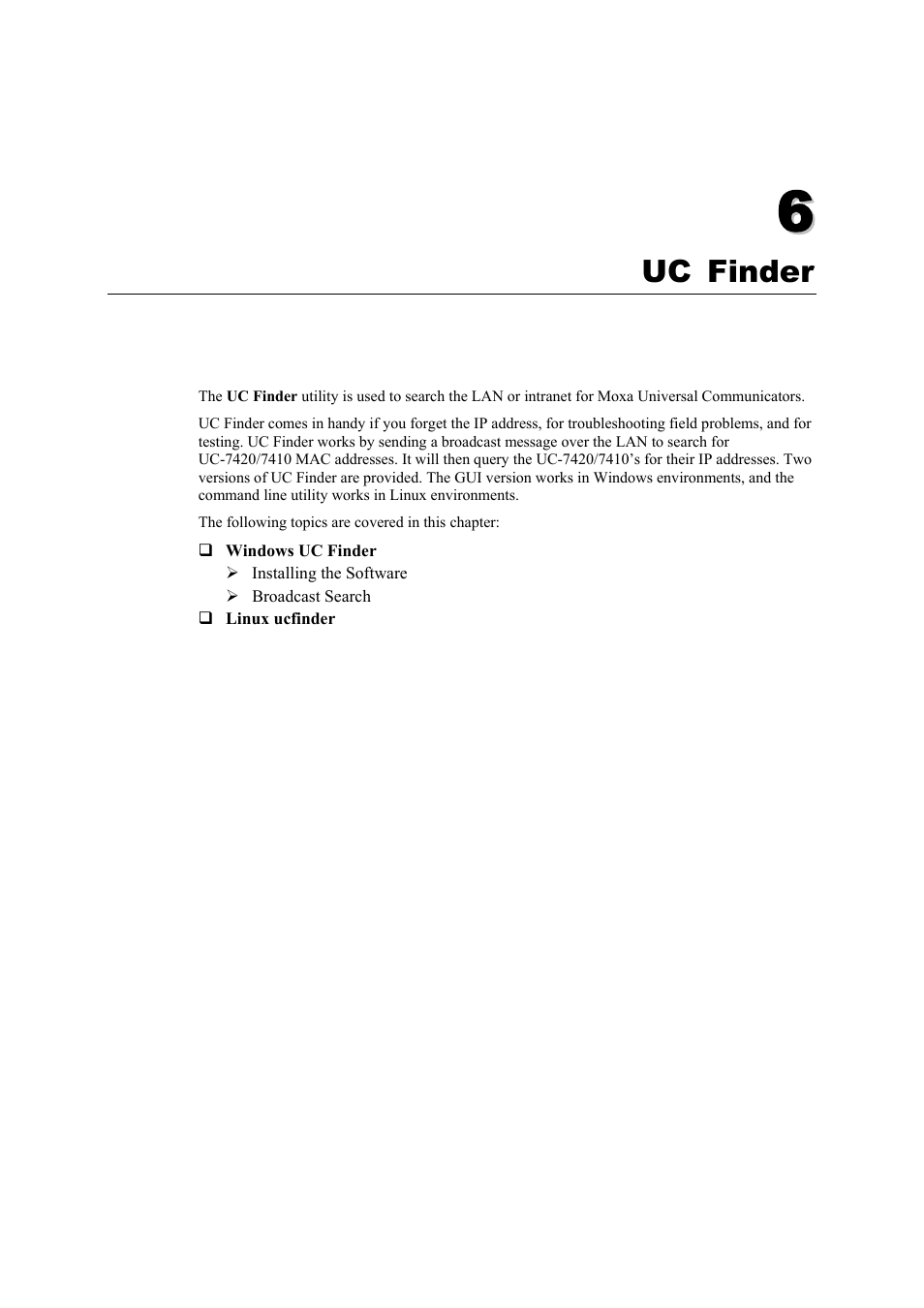 Uc finder, Chapter 6, Uc finder -1 | Moxa Technologies UC-7420/7410 User Manual | Page 88 / 106