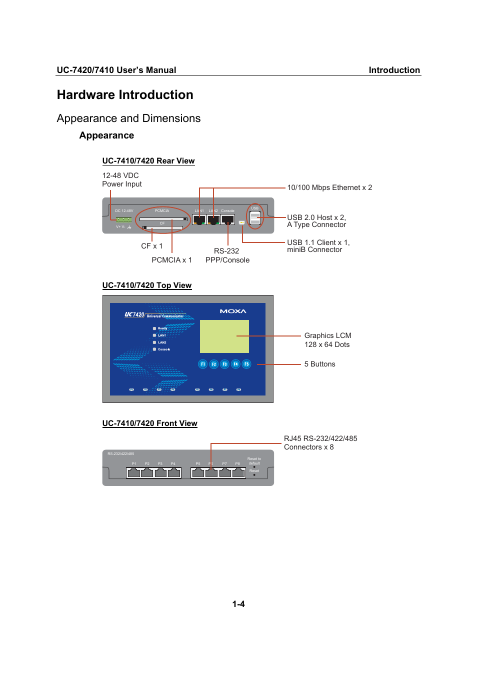 Hardware introduction, Appearance and dimensions, Appearance and dimensions -4 | Appearance | Moxa Technologies UC-7420/7410 User Manual | Page 9 / 106