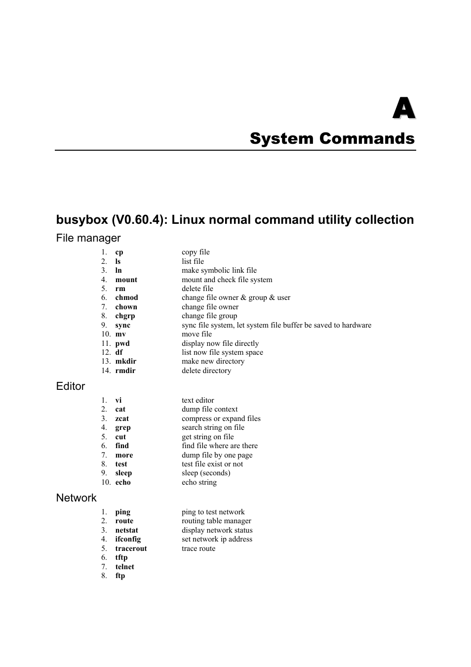 A. system commands, File manager, Editor | Network, Appendix a, System commands | Moxa Technologies UC-7420/7410 User Manual | Page 93 / 106