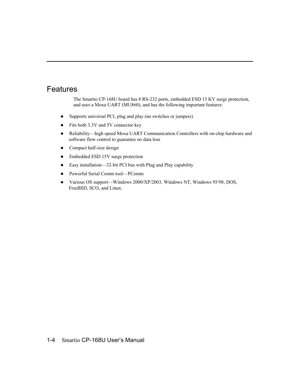 Features, Features -4, 4 smartio cp-168u user’s manual | Moxa Technologies CP-168U User Manual | Page 10 / 86