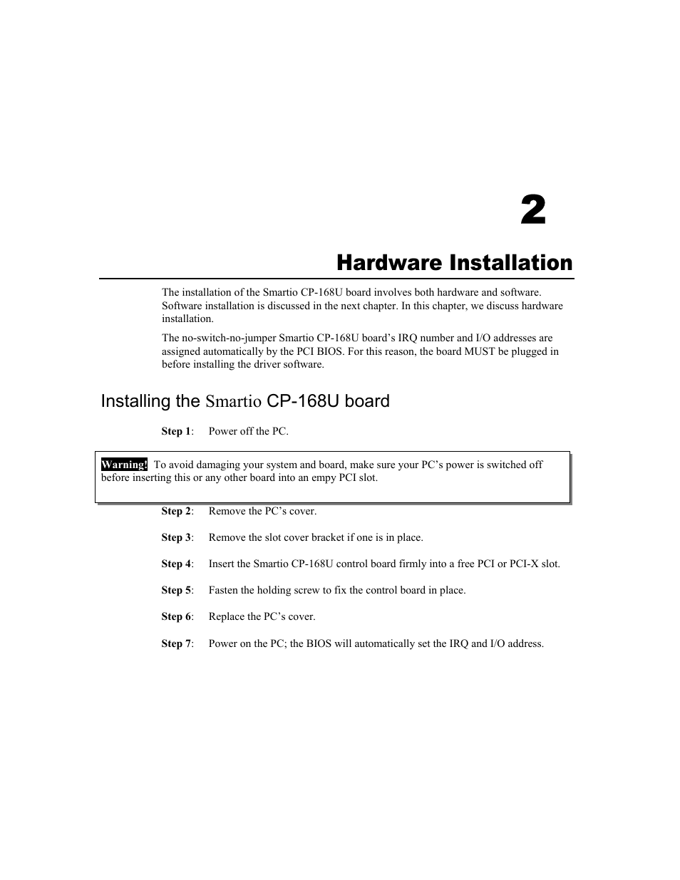 Hardware installation, Installing the smartio cp-168u board, 2 hardware installation -1 | Installing the smartio cp-168u board -1, 2hardware installation | Moxa Technologies CP-168U User Manual | Page 15 / 86