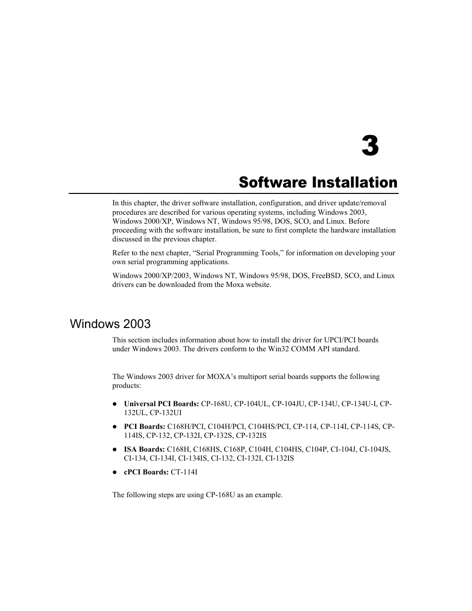 Software installation, Windows 2003, 3 software installation -1 | Windows 2003 -1, 3software installation | Moxa Technologies CP-168U User Manual | Page 17 / 86