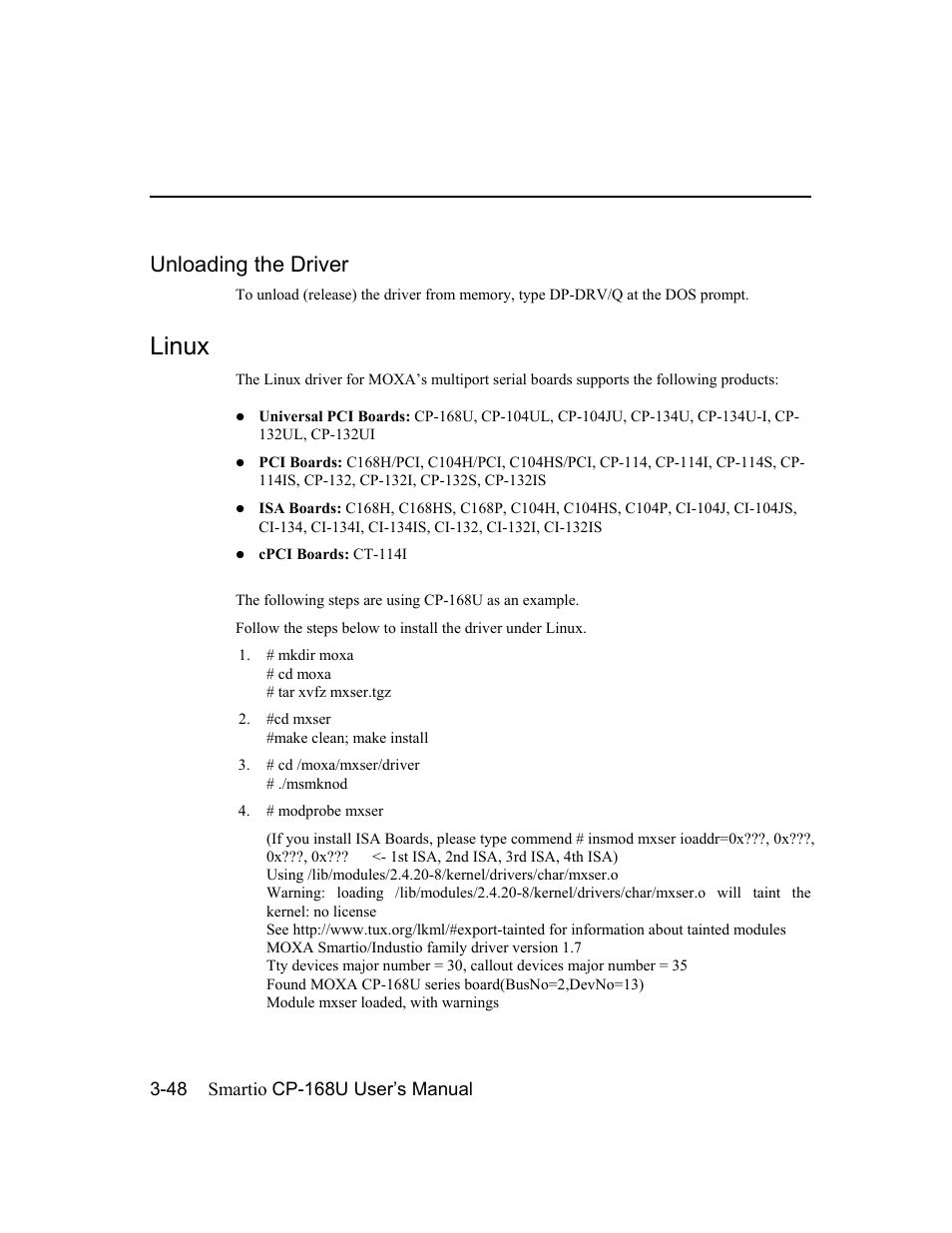 Unloading the driver, Linux, Linux -48 | Moxa Technologies CP-168U User Manual | Page 64 / 86