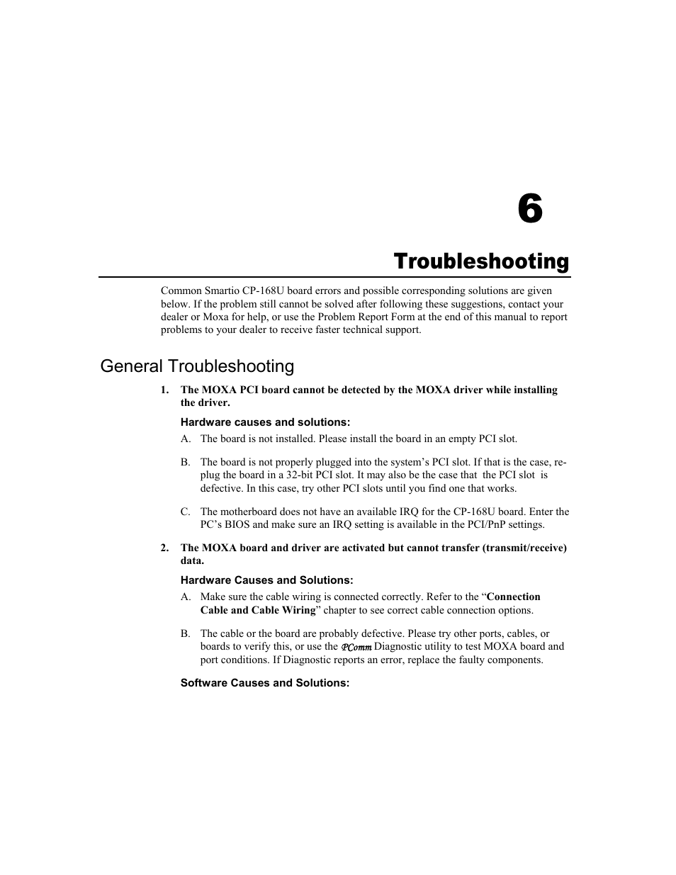 Troubleshooting, General troubleshooting, 6 troubleshooting -1 | General troubleshooting -1, 6troubleshooting | Moxa Technologies CP-168U User Manual | Page 79 / 86